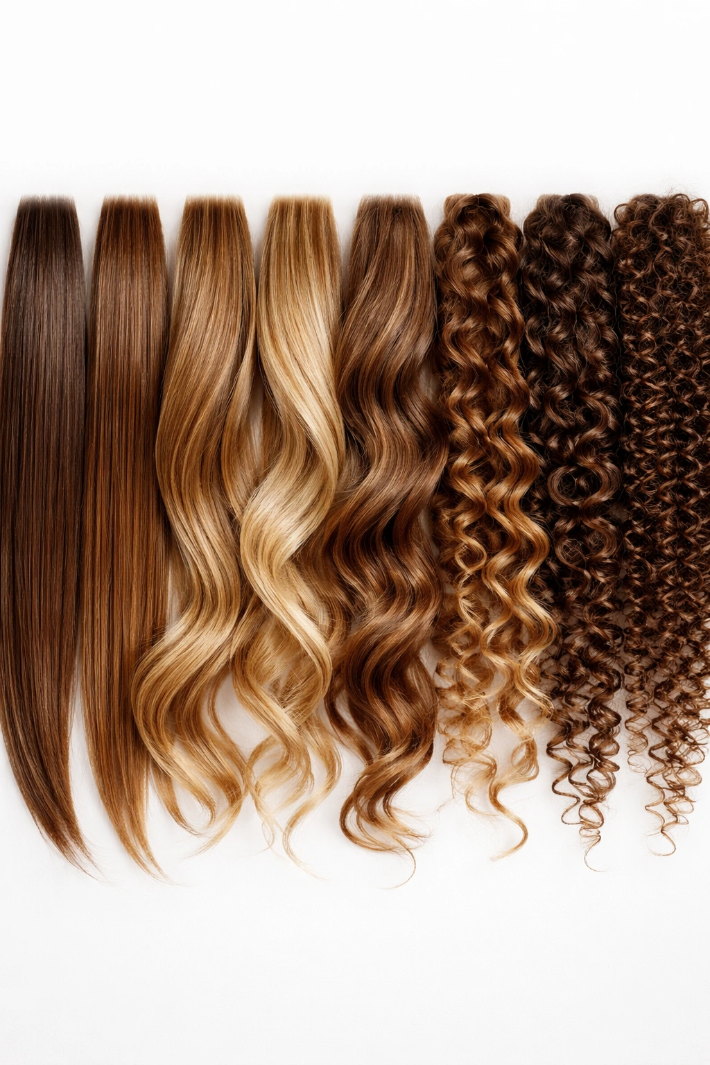 Row of hair swatches illustrating straight to curly textures