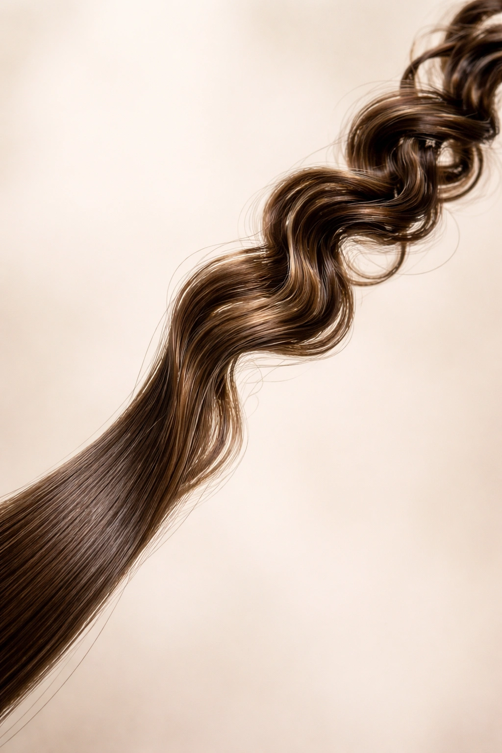 Hair strand transitioning from straight to wavy to curly