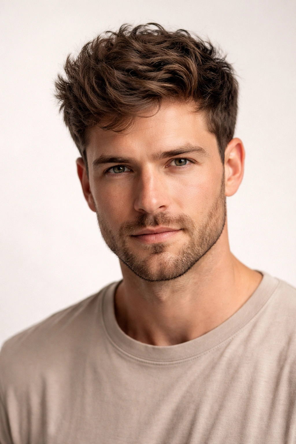 Front portrait of a man with thick, wavy hair styled into a textured crop
