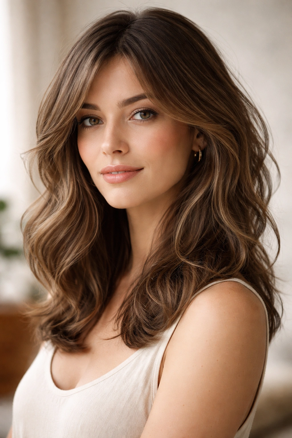 Model with shoulder-length wavy hair showcasing a texture-friendly layered cut