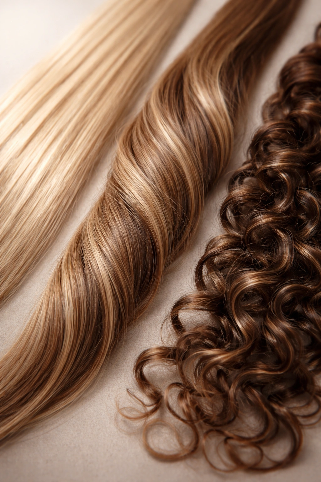 Close-up of fine, medium, and curly hair textures illustrating different hair types