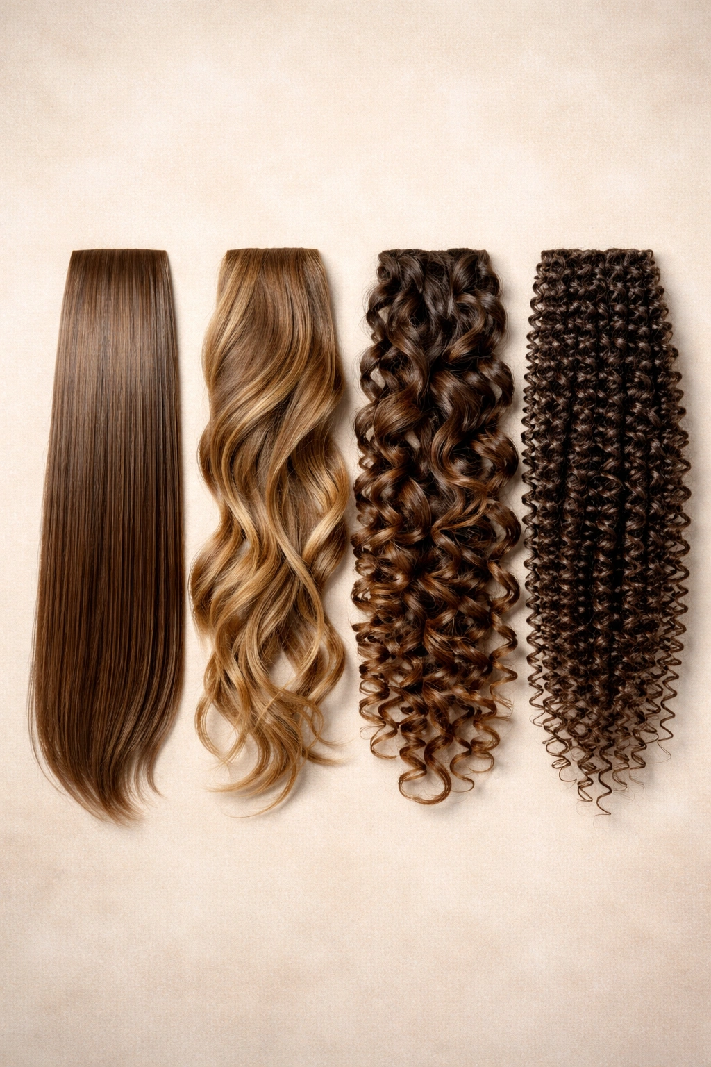 Close-up of four hair texture swatches showing straight, wavy, curly, and coily patterns.