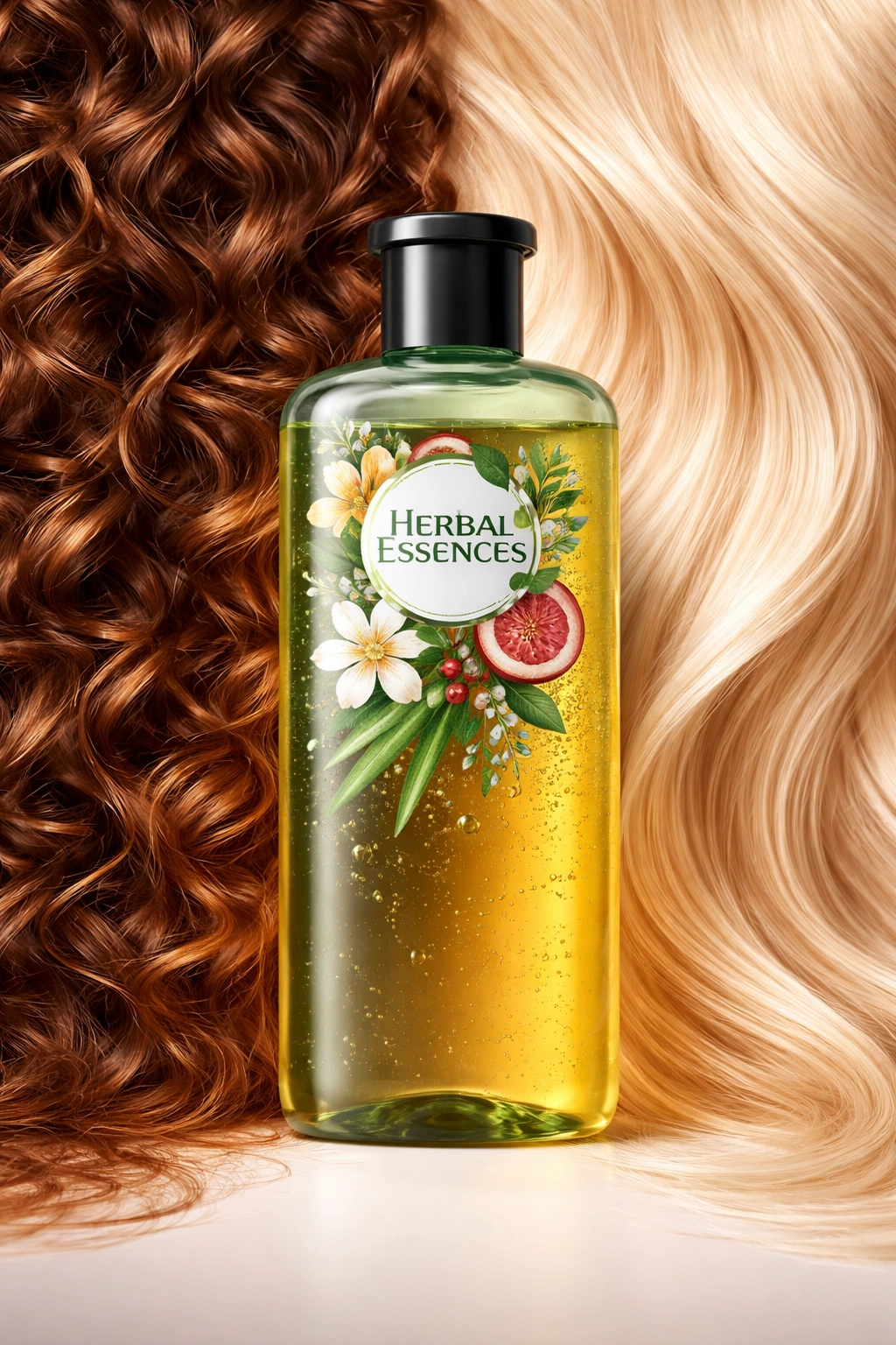 Shampoo bottle against textured backdrop suggesting different hair types; no text.