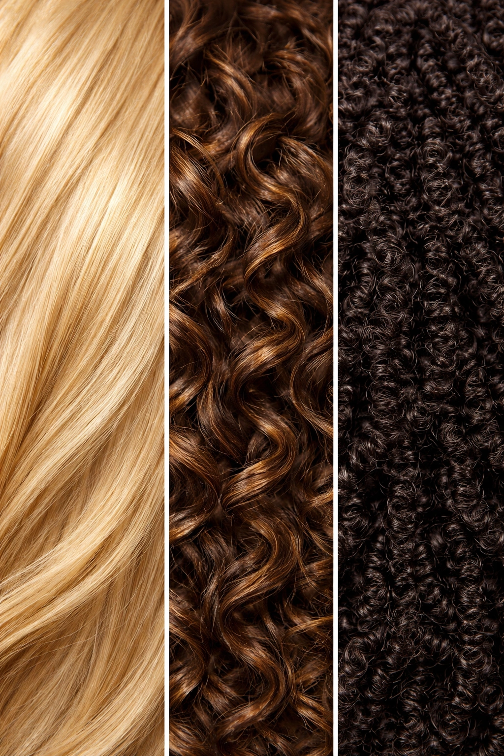 Close-up of fine, curly, and coily hair textures side by side