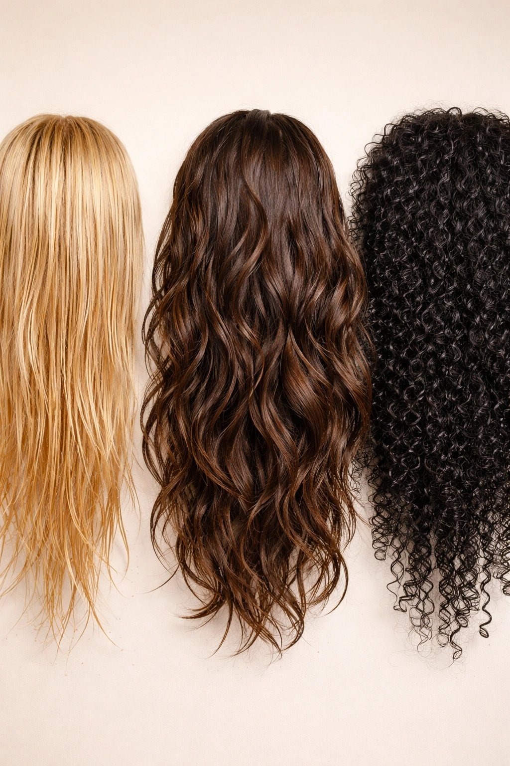 Close-up of three hair textures showing fine, wavy, and coarse hair