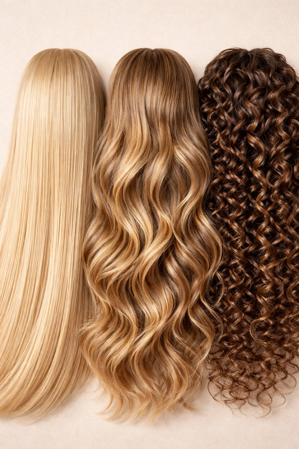 Hair texture swatches showing straight, wavy, and curly textures