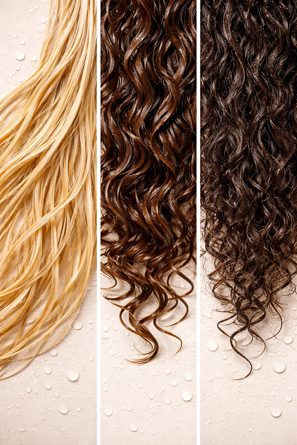 Close-up showing three hair textures to indicate different risks when wet