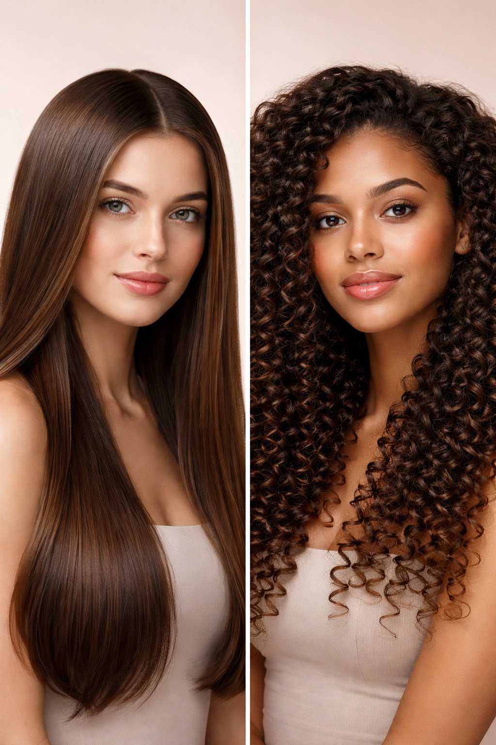 Split-screen showing straight hair and curly hair to depict different nighttime routines