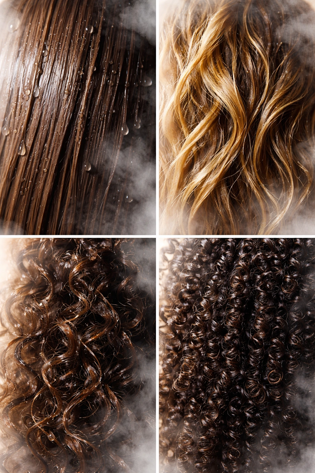 Quadruple close-up collage of straight, wavy, curly, and coily hair textures wet with droplets.