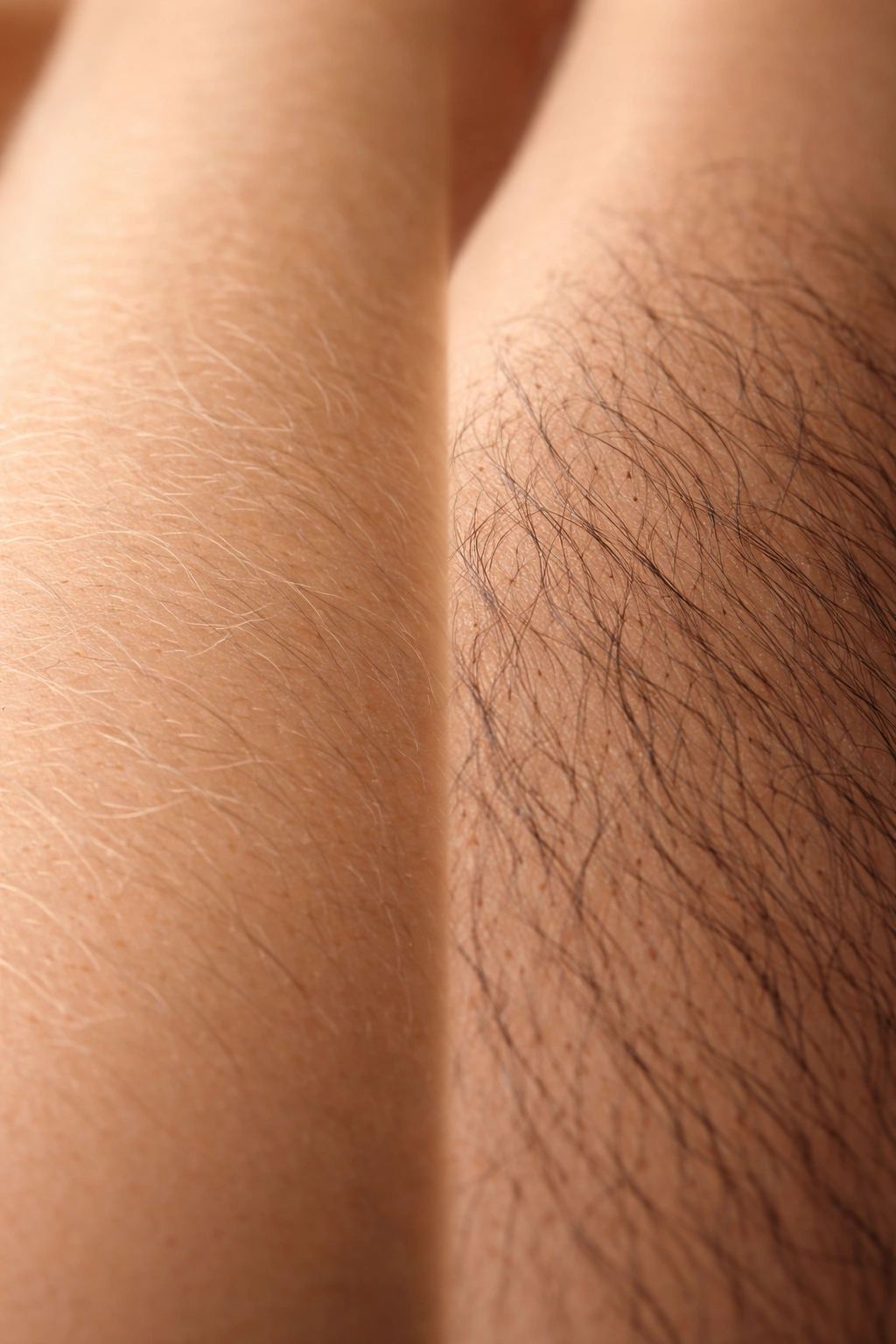 Forearm showing fine and coarse hair textures under warm light