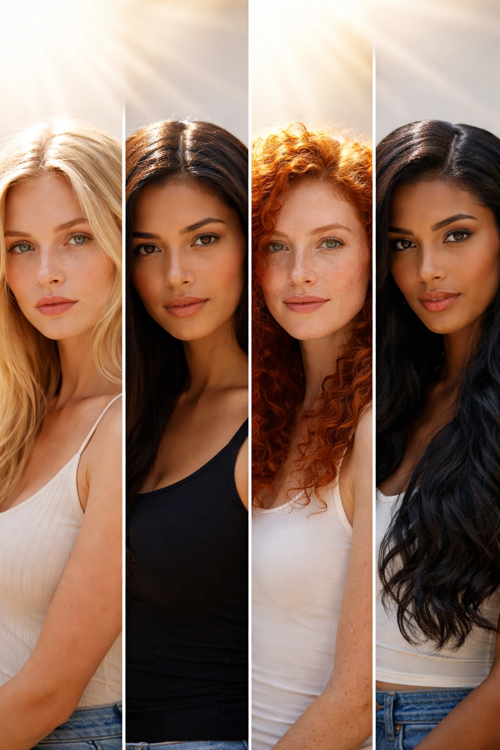 Close-up portraits of four hair types under sunlight showing varied sun response