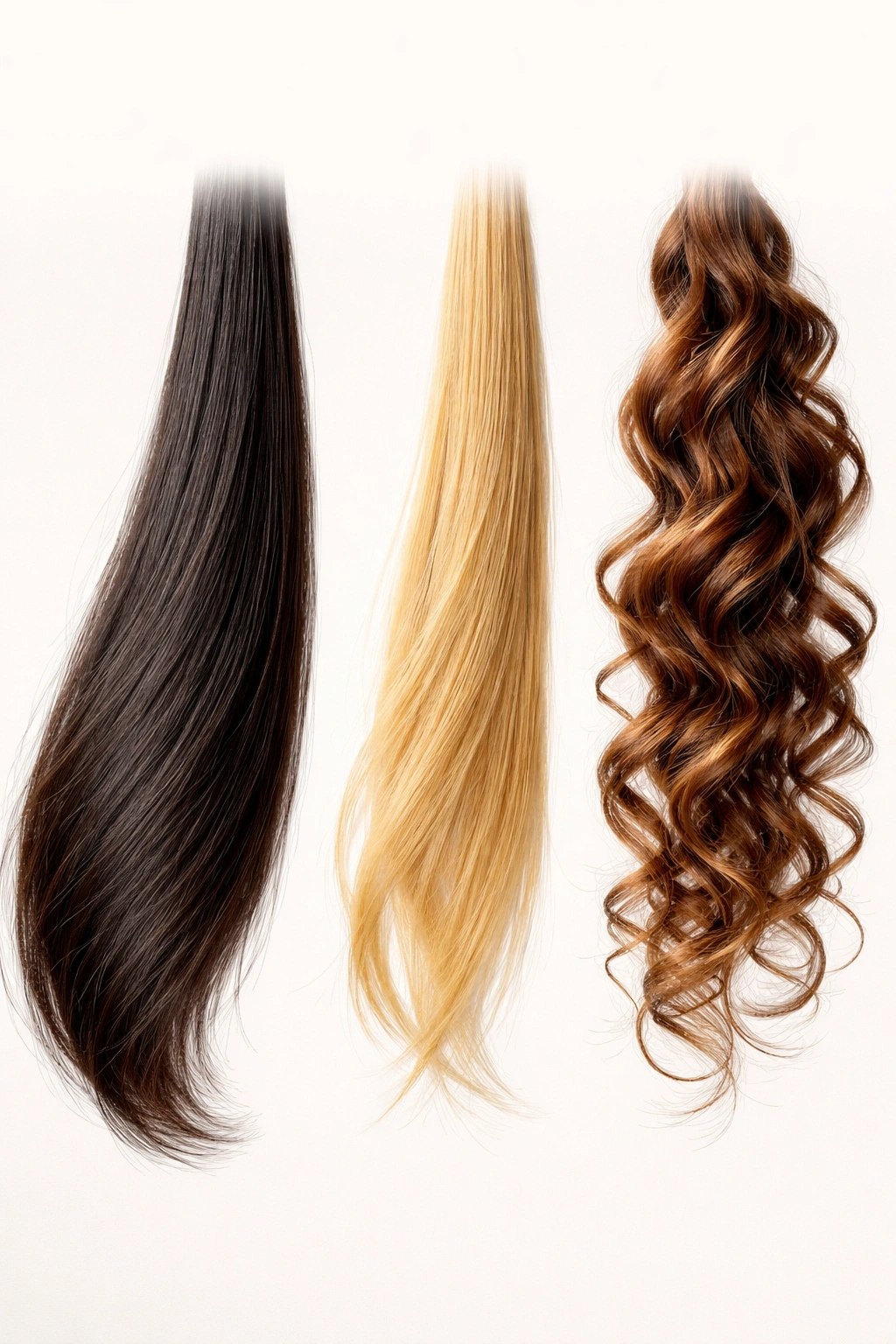 Three hair strands with different textures and colors showing diverse dye response