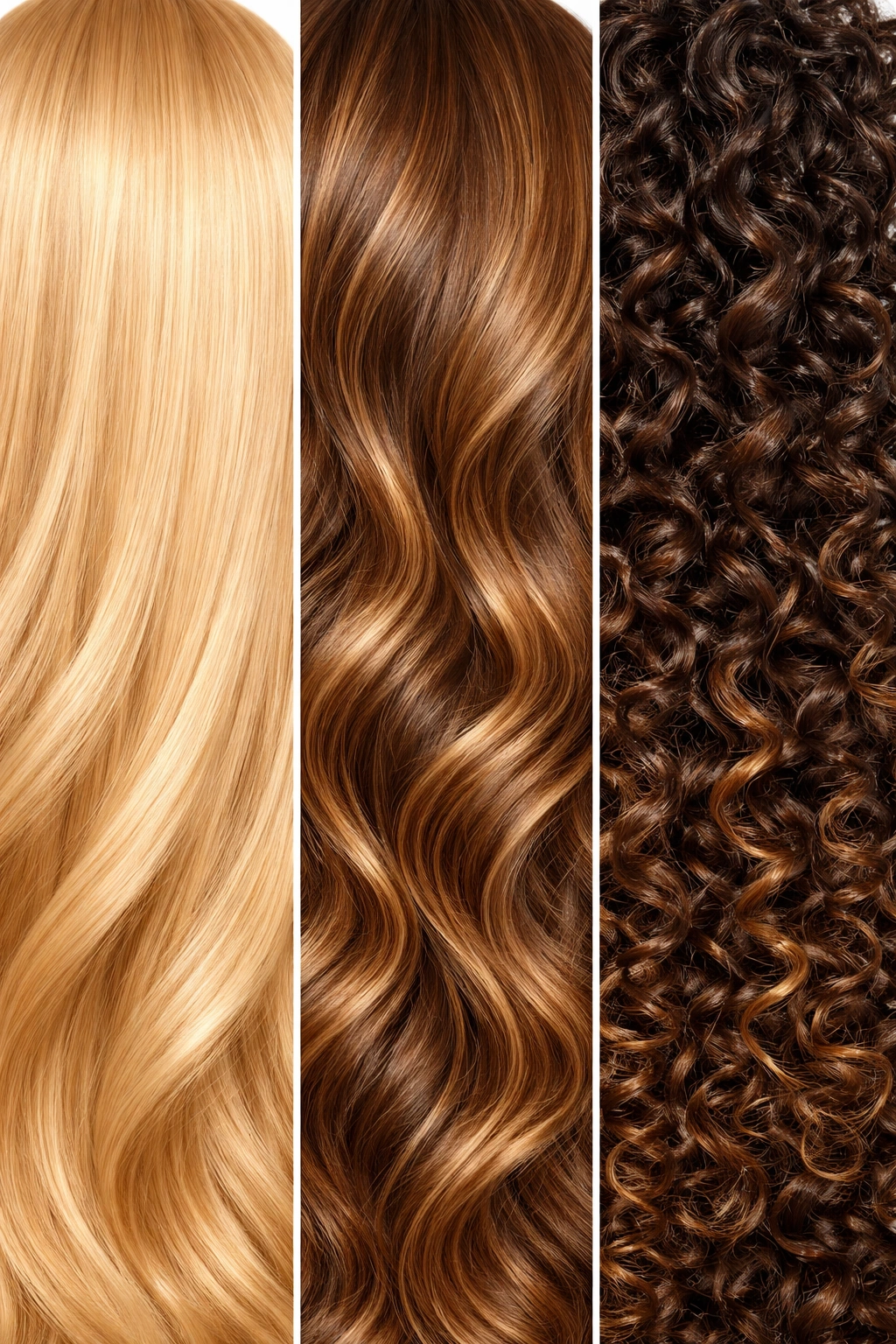 Close-up collage showing straight, wavy, and curly hair textures.