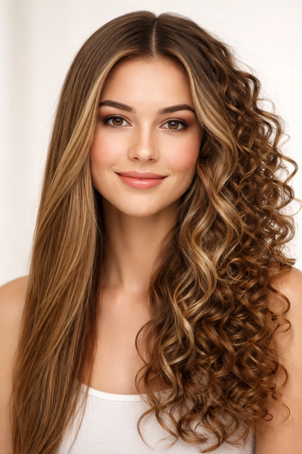 Portrait showing straight, wavy, and curly hair textures to illustrate different hair types