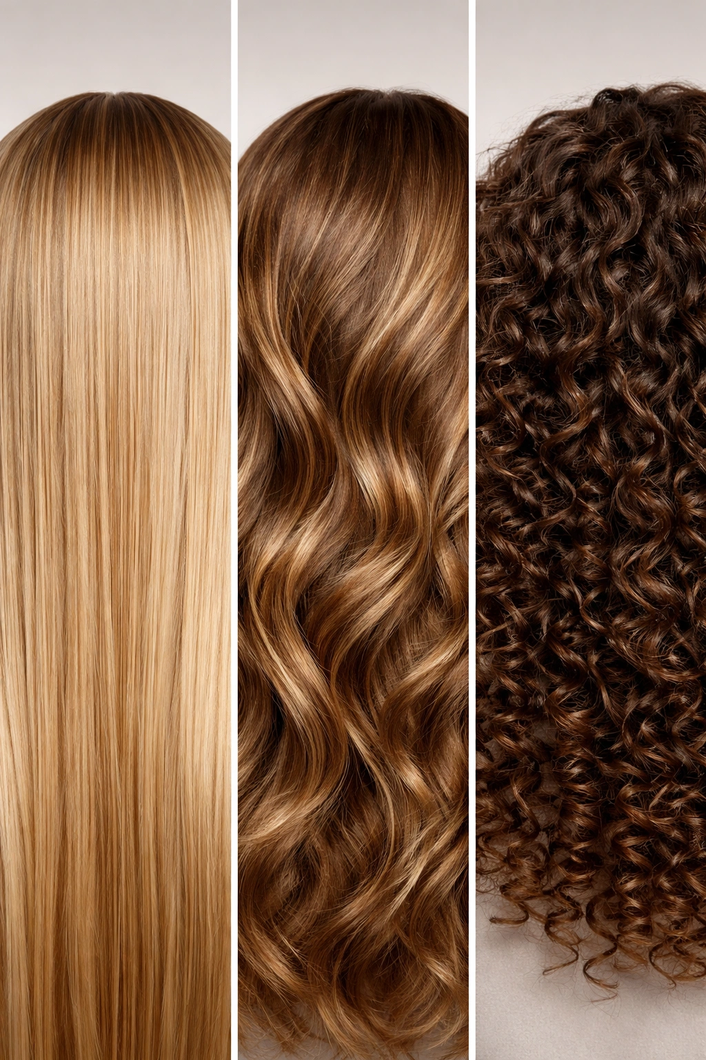 Triptych close-up of straight, wavy, and curly hair textures