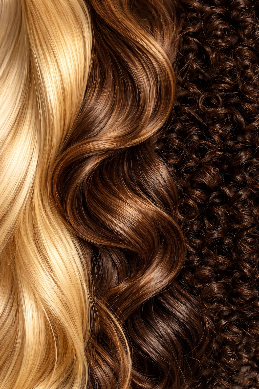 Close-up of diverse hair textures including straight, wavy, and curly