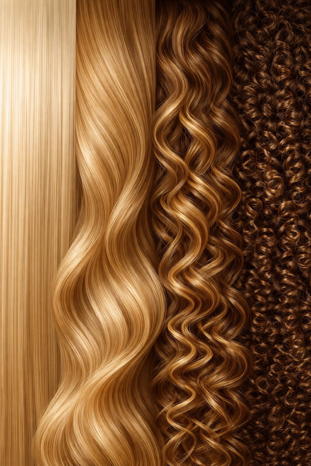 Abstract representation of hair typing system showing straight, wavy, curly, and coily textures in a neutral setup