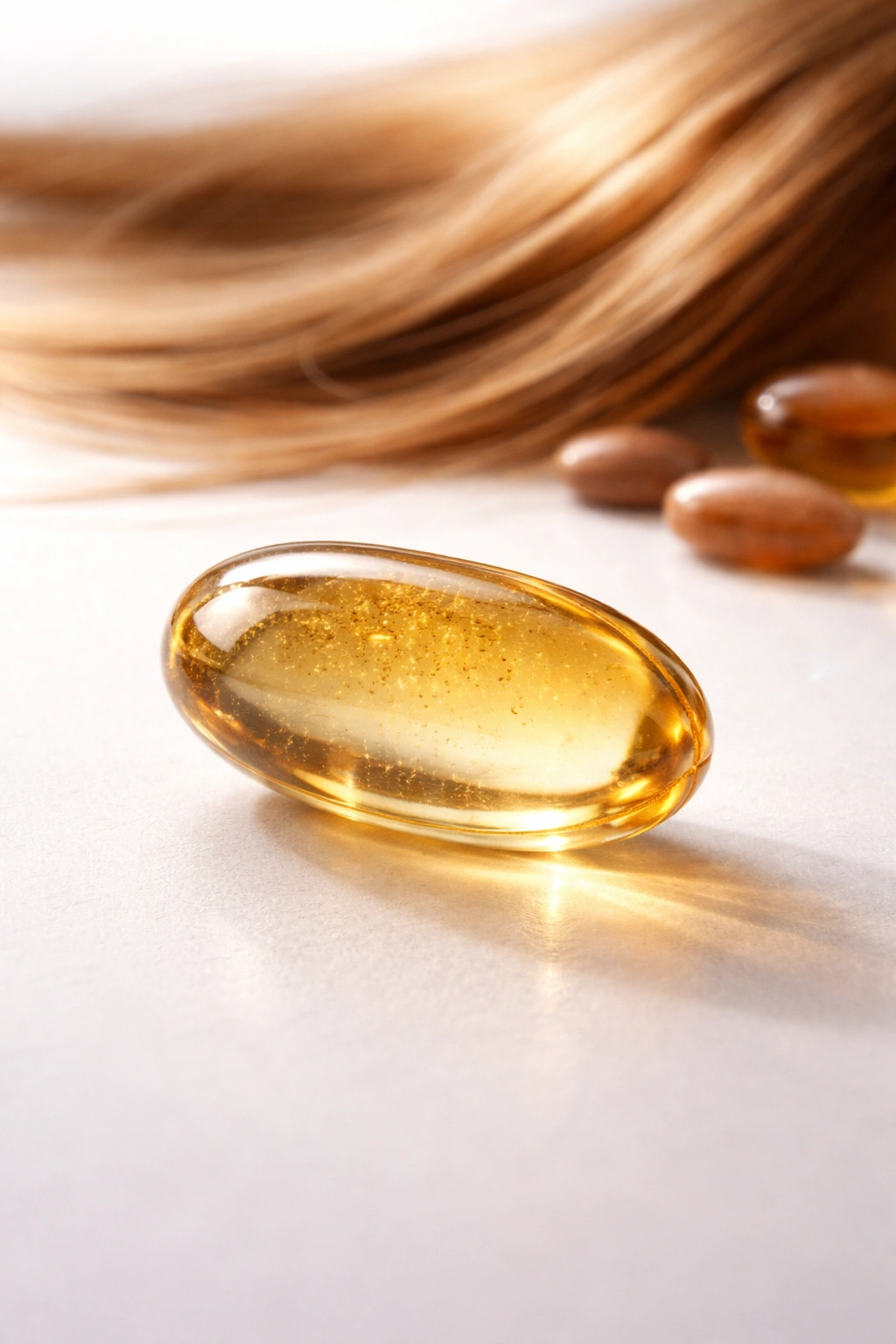Close-up of a hair vitamins capsule on a clean surface