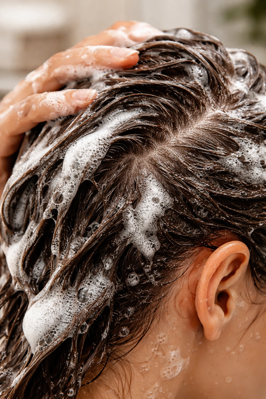 Close-up of scalp with shampoo foam on hair during washing, illustrating surfactants and rinse process.