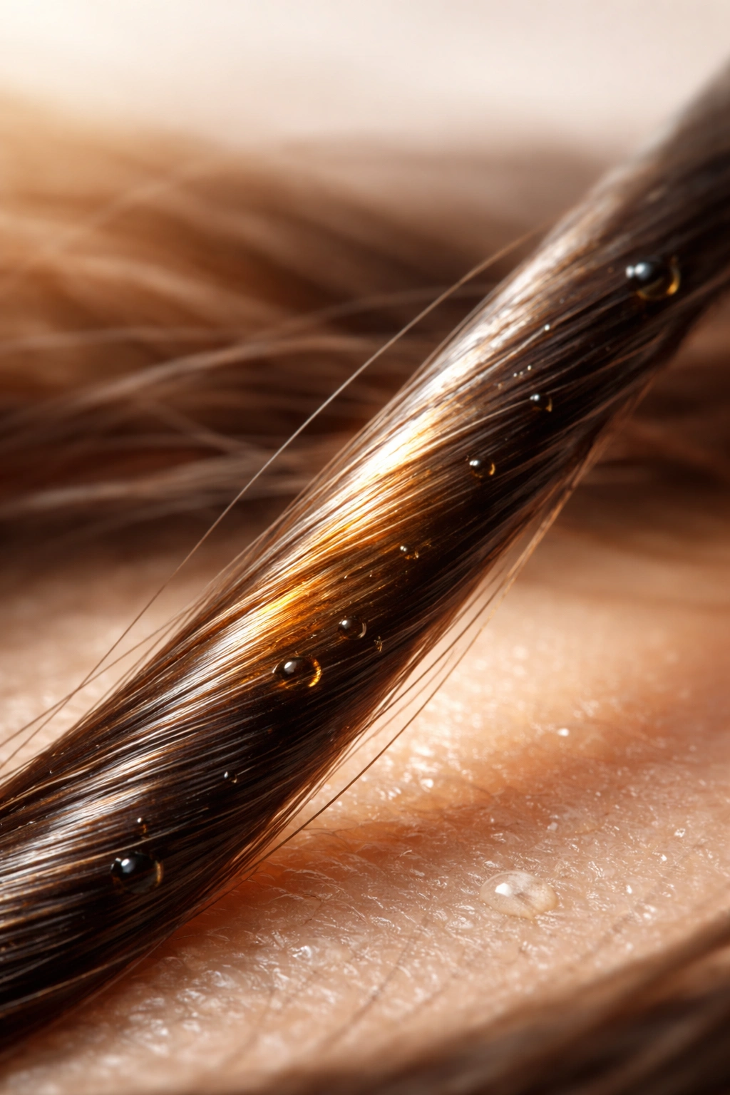 Close-up of hair strand with natural oil sheen