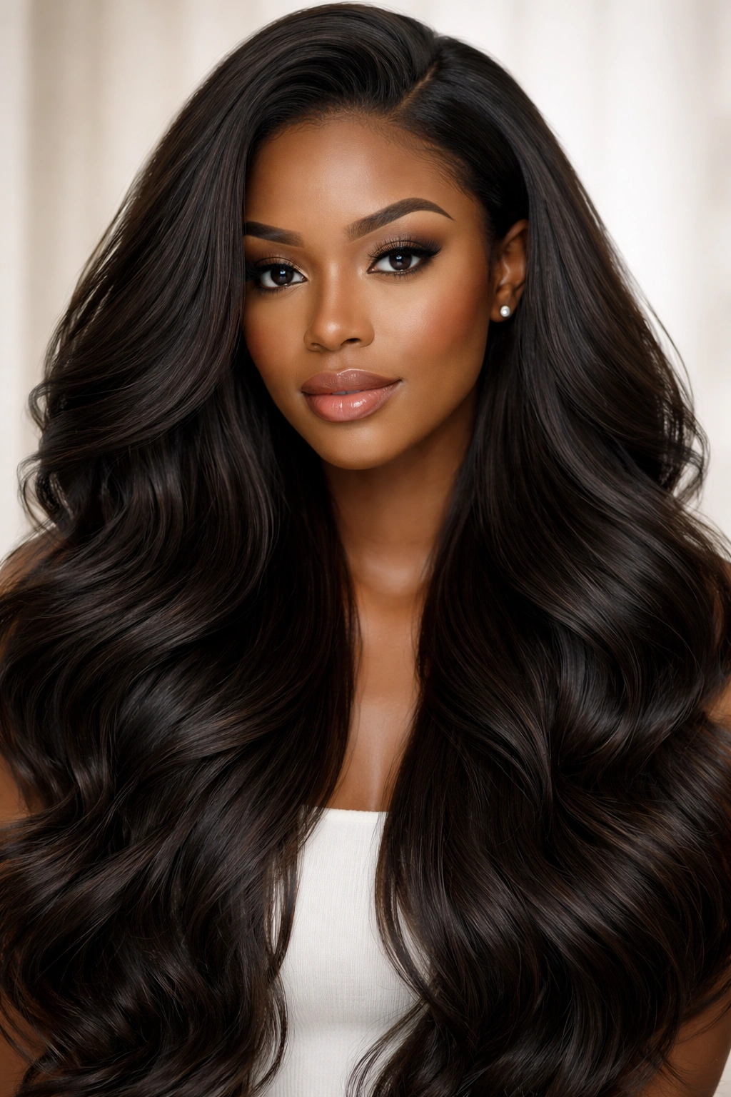 Close-up portrait of a person with luxurious hair weave showcasing final look and texture