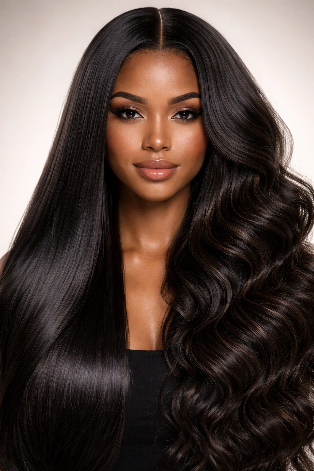 Close-up of a realistic hair weave on a model head showing two textures
