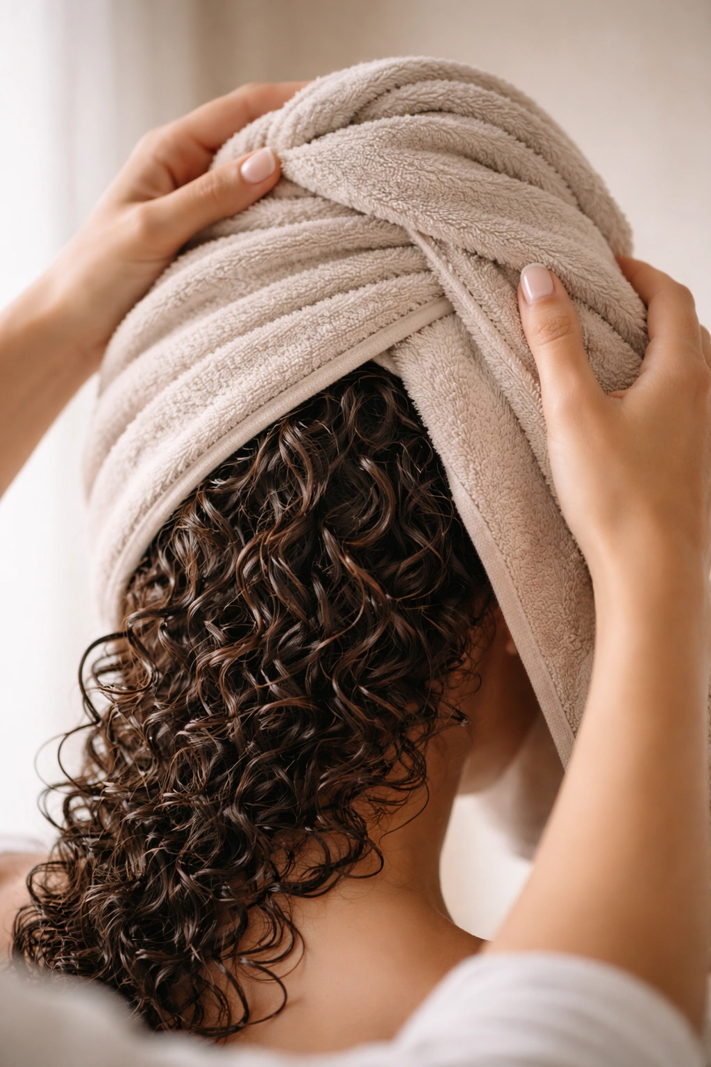 Close-up of hands wrapping a towel around curly hair to form a turbans-style wrap