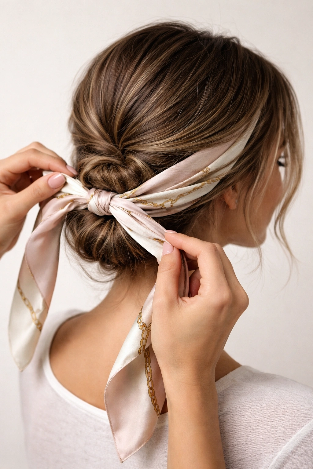 Person tying a silk scarf around a finished hairstyle.