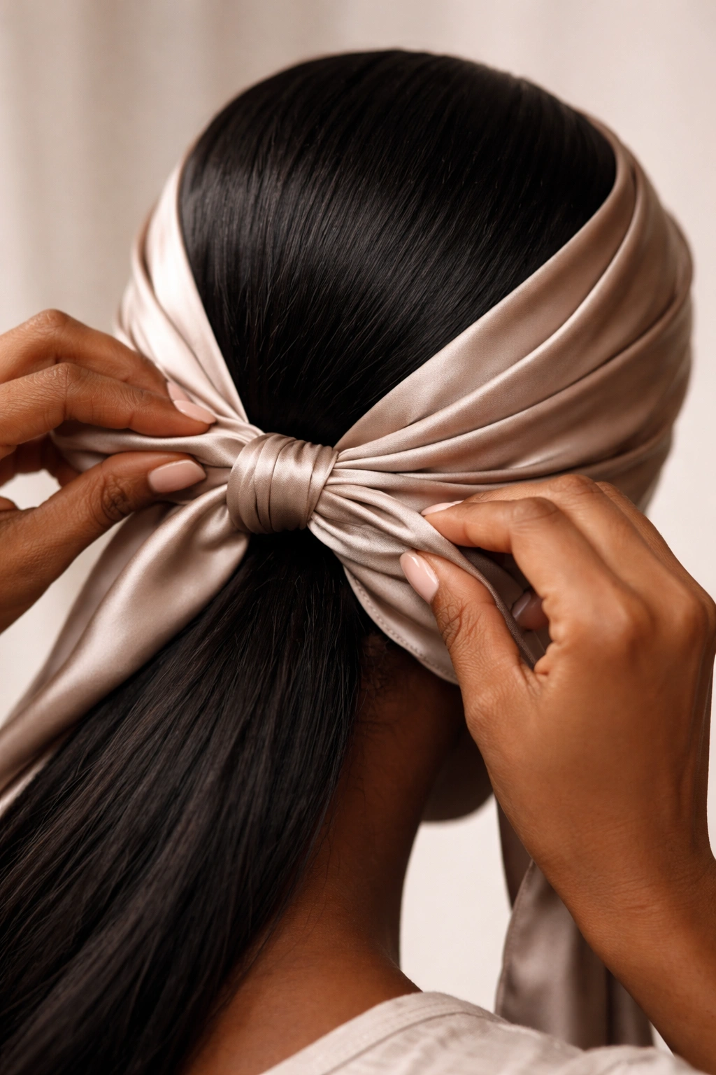 Close-up of hands wrapping a satin scarf around a head in a protective hairstyle