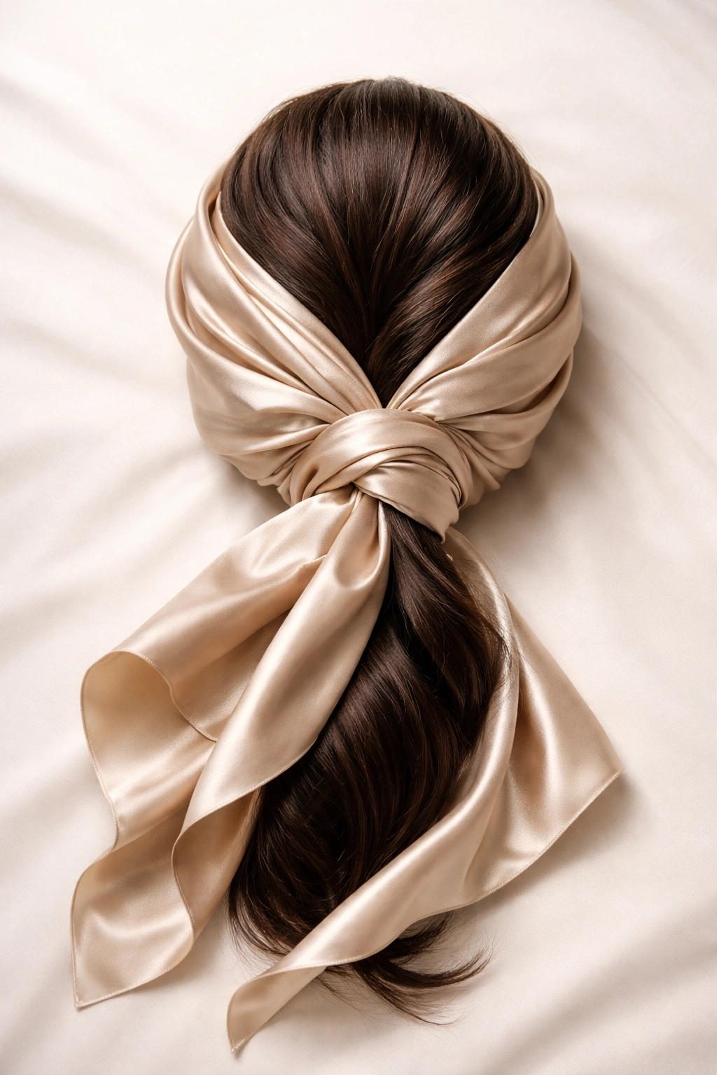 Silk satin scarf wrapped in a circular shape suggesting hair tucked inside