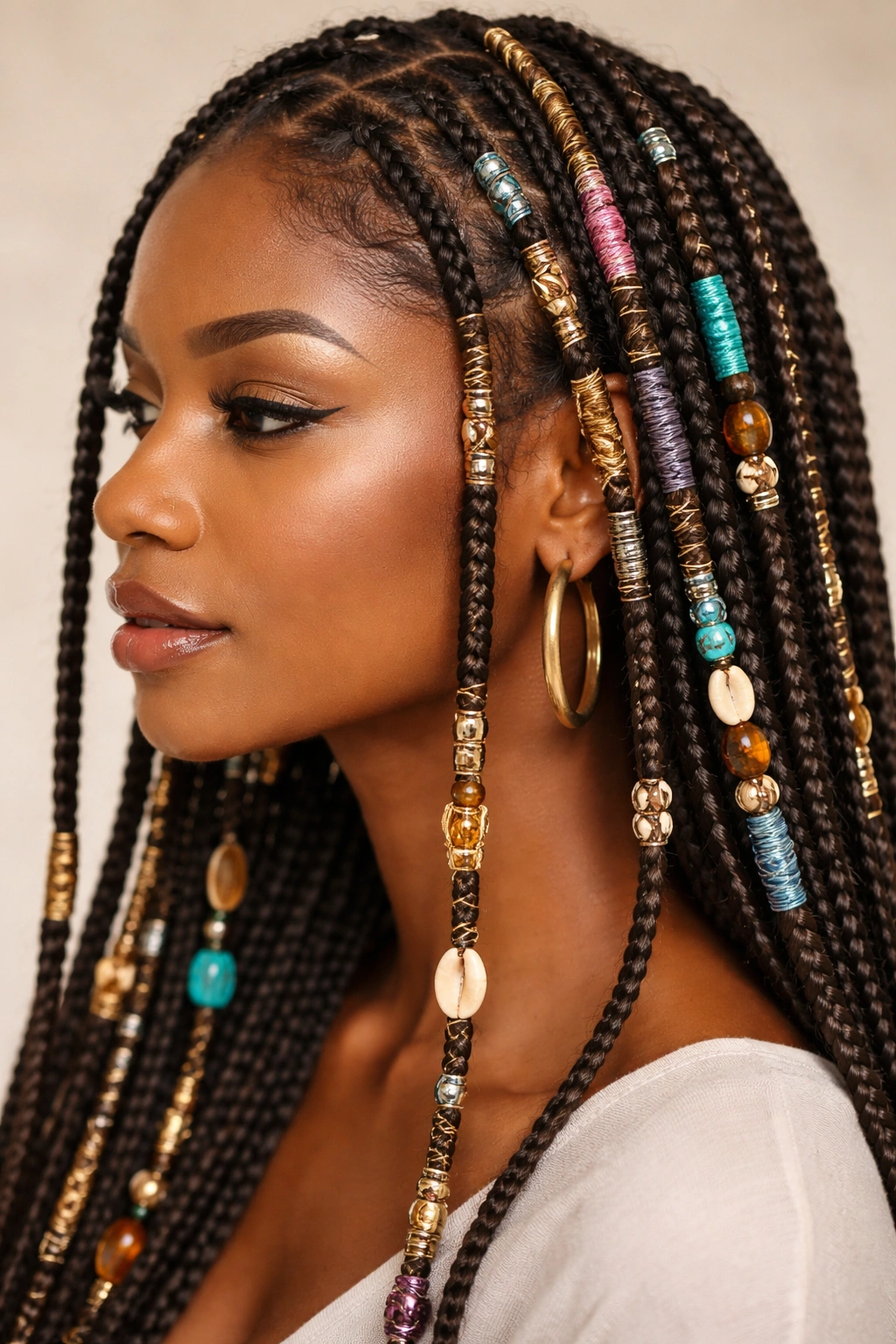 Close-up of beaded braids with metallic thread wraps