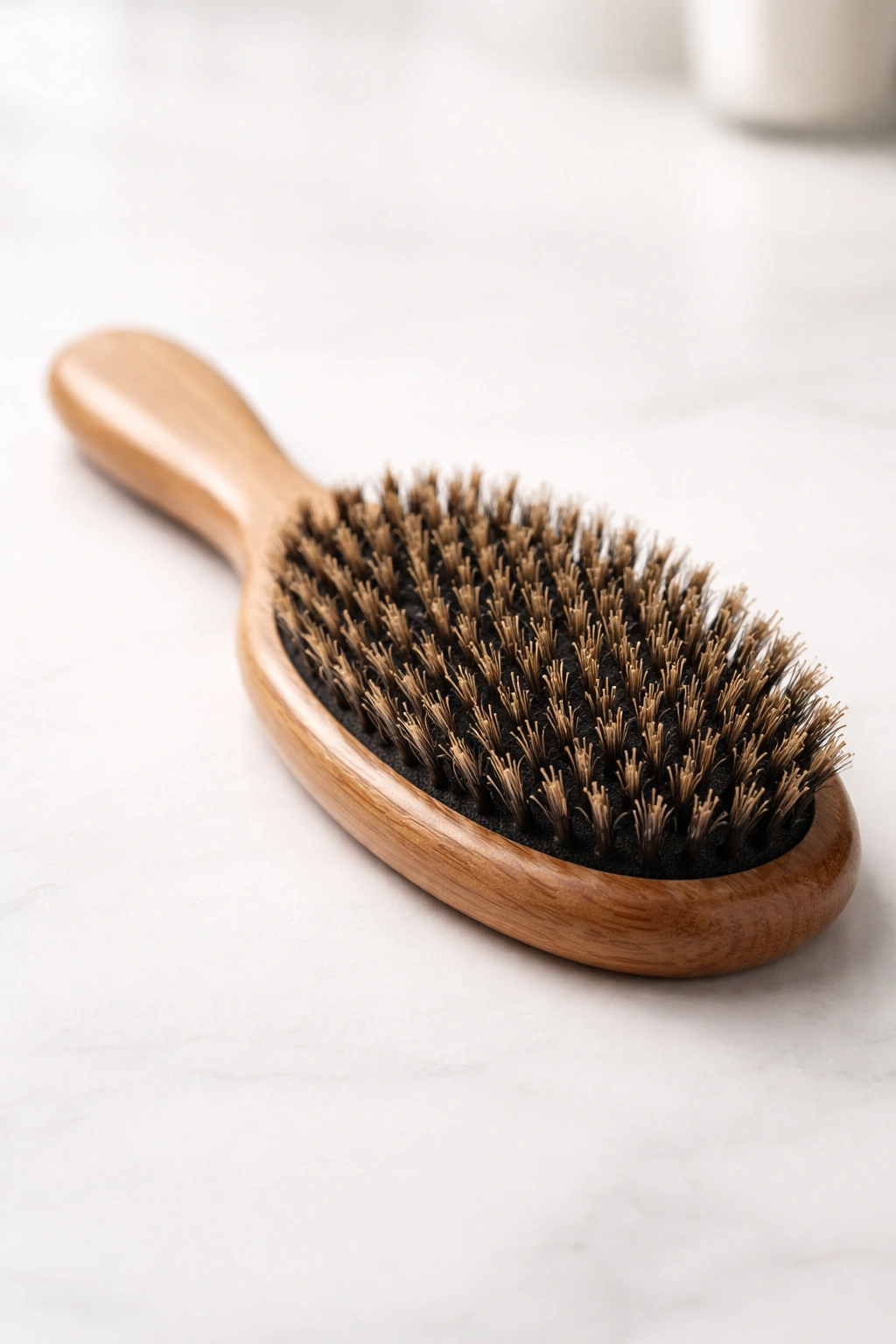 Close-up of a hairbrush with natural bristles on a white surface for hair care