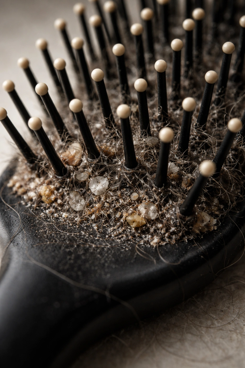Close-up of a dirty hairbrush showing grime at the bristle base to illustrate why cleaning matters