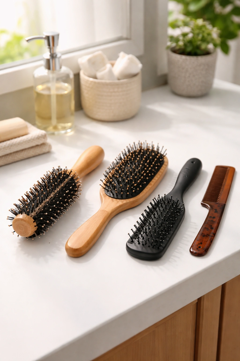 Row of hair brushes neatly arranged to represent a cleaning routine