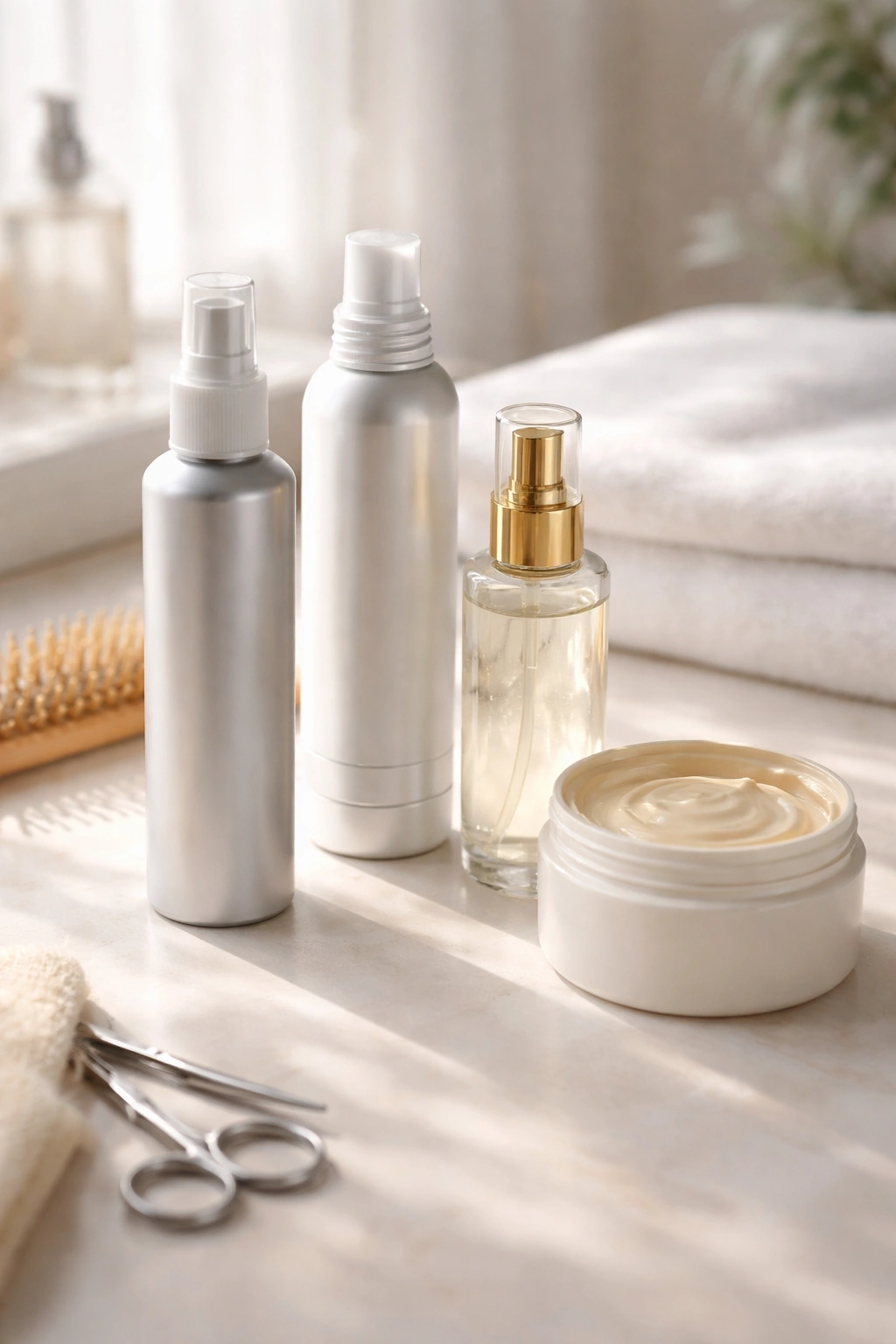 Flat lay of generic hair care products on a vanity.