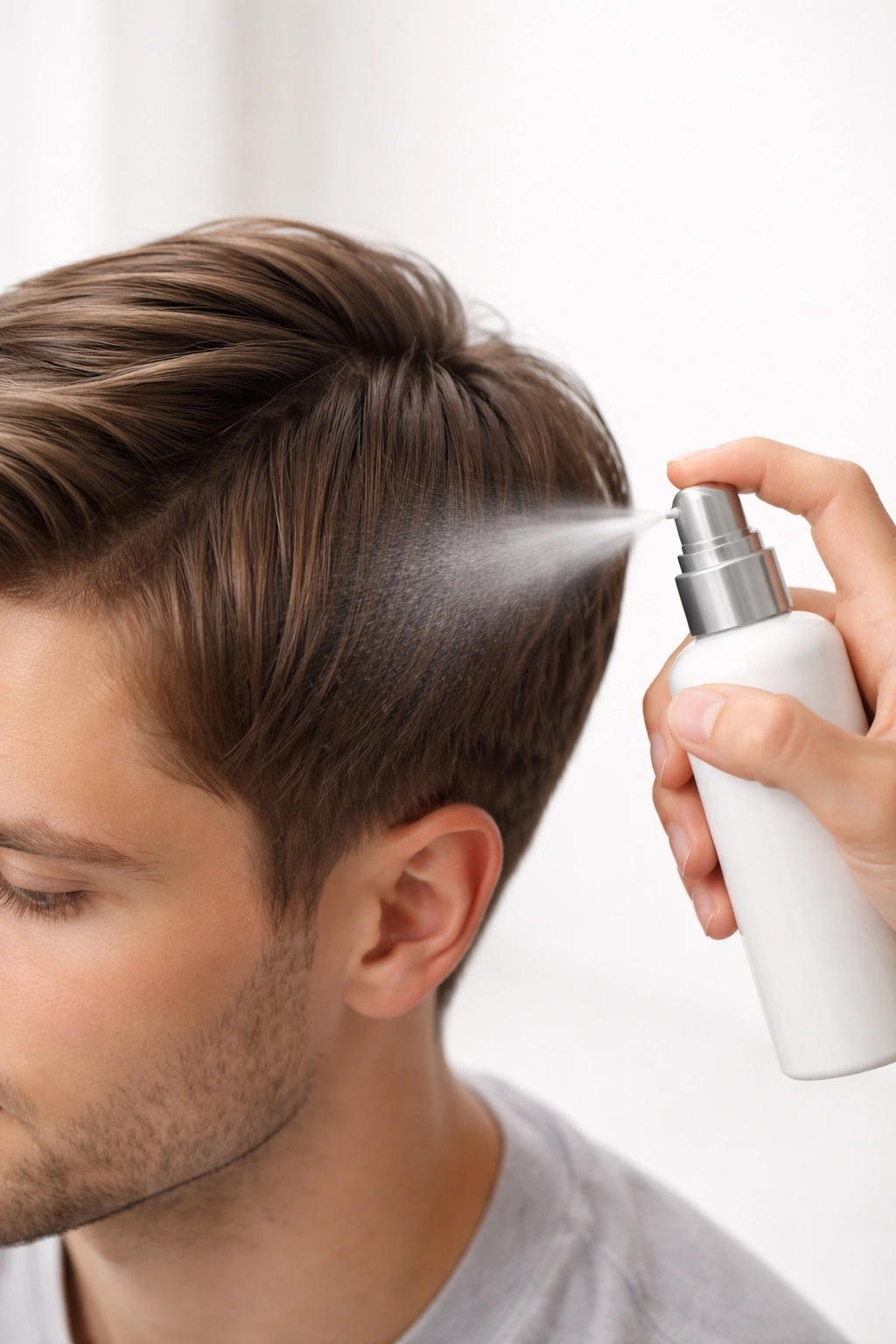 Close-up of hands applying volumizing spray to straight hair to maintain haircut volume
