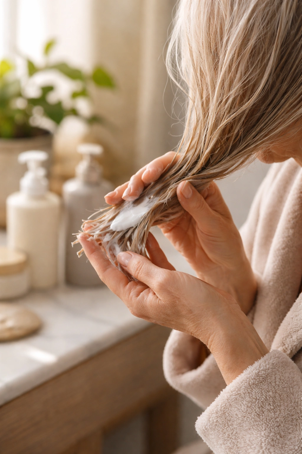 Hands applying deep conditioning in a bathroom with unlabeled bottles
