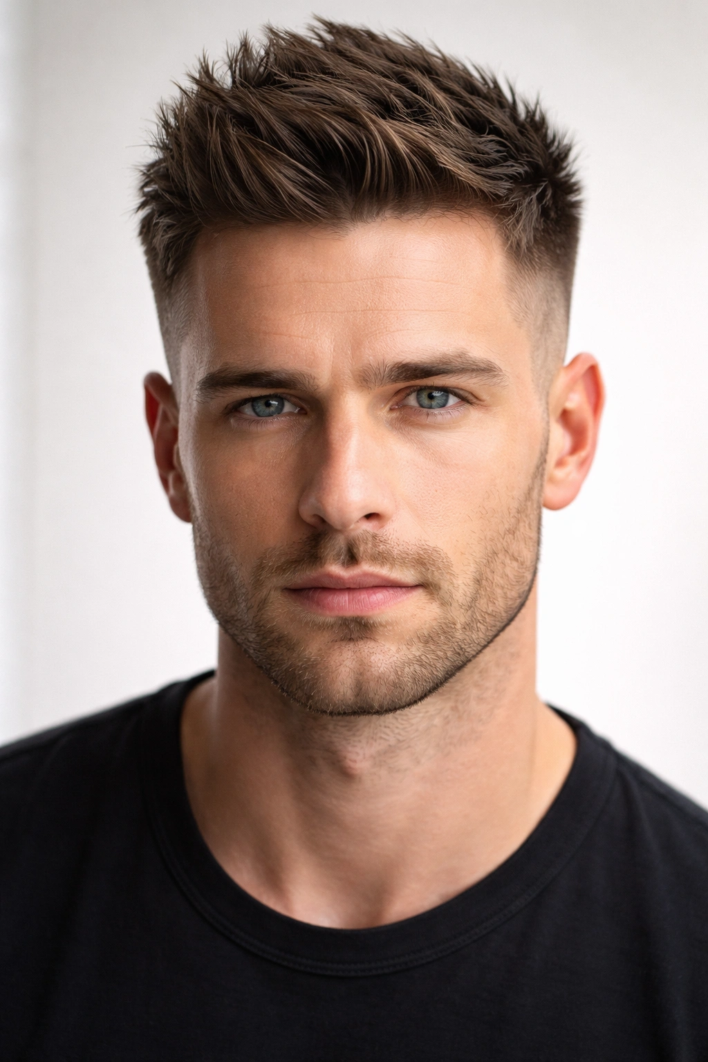 Close-up portrait showing a sharp textured haircut with balanced proportions