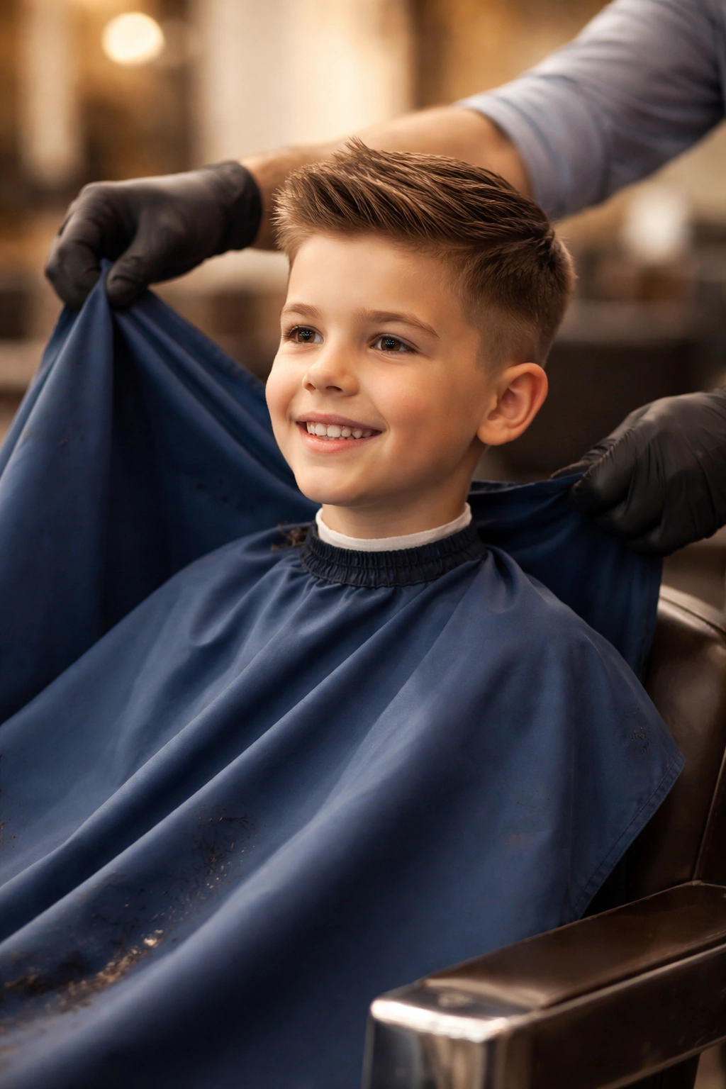 Close-up of barber removing cape from schoolboy after haircut