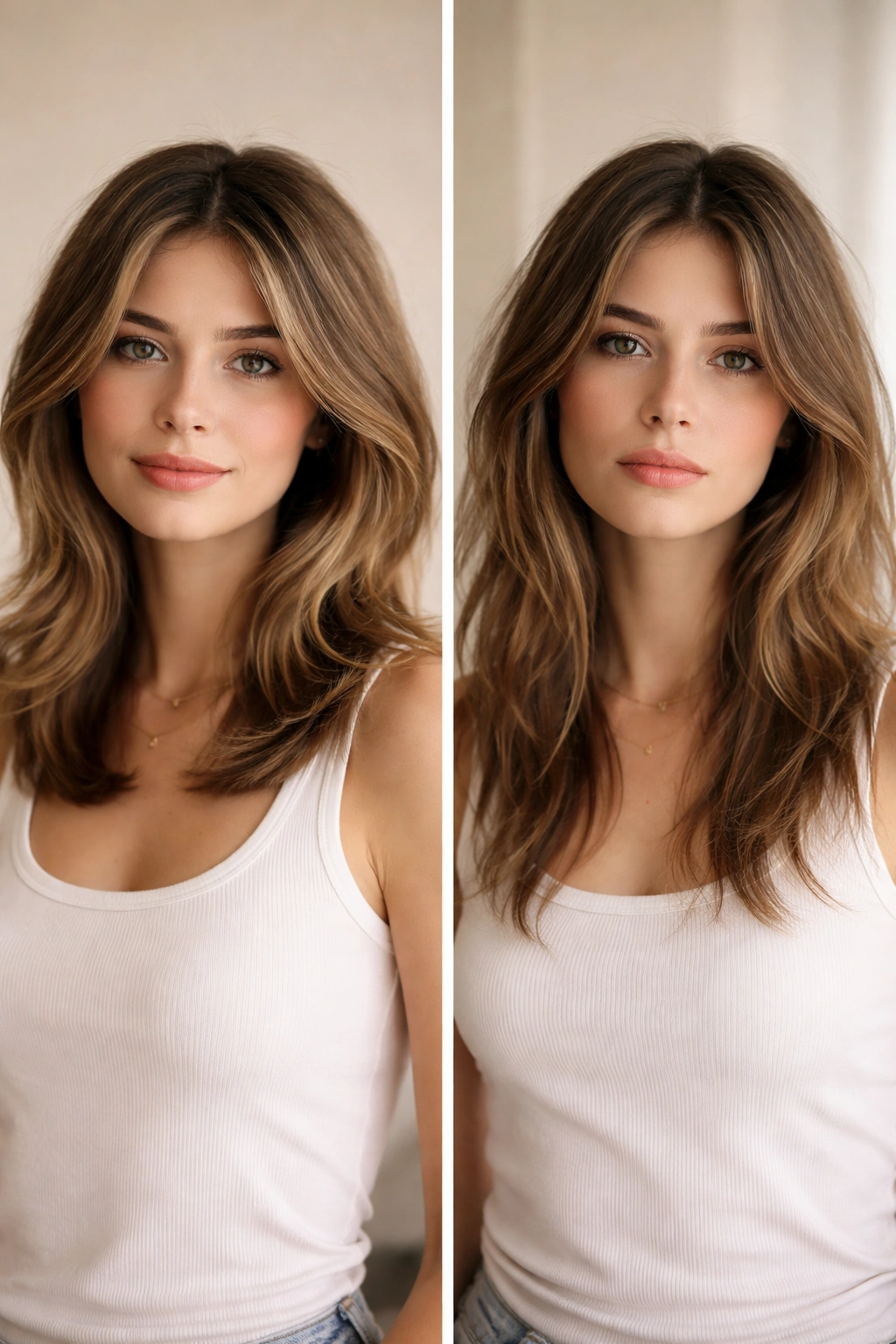 Side-by-side portraits showing a polished cut versus a growing-out look