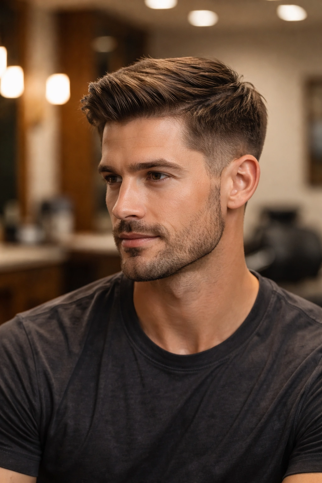 Close-up of a well-groomed haircut with natural side part and textured top