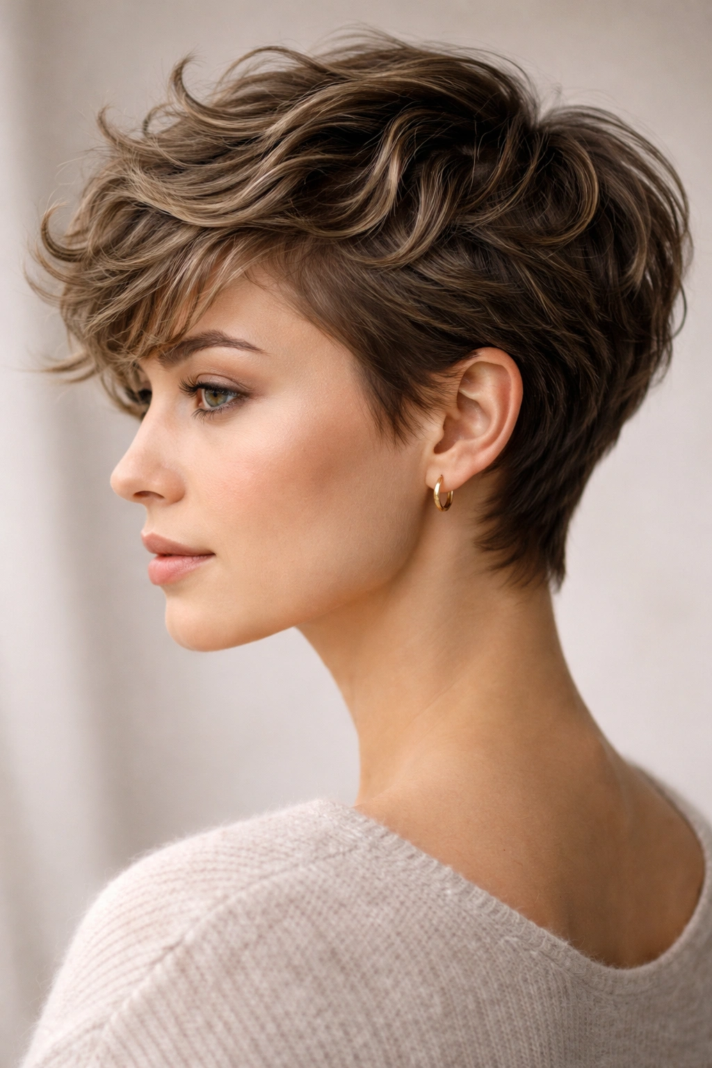 Wavy Pixie Cuts 12 Styles For Naturally Wavy Hair 13 Close-up profile of a woman with a wavy pixie cut, displaying textured edges.