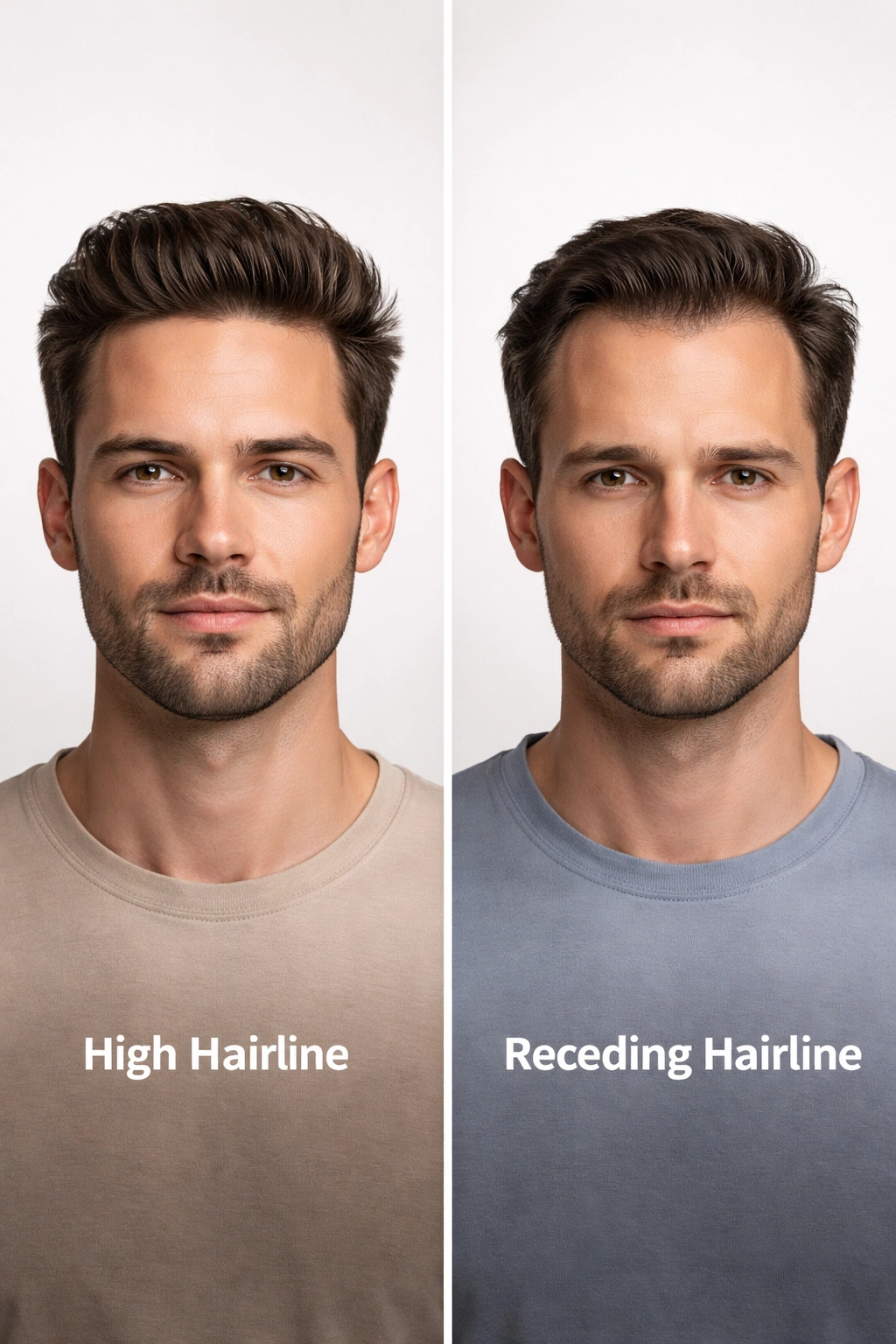 Side-by-side studio portraits illustrating high hairline and receding hairline differences