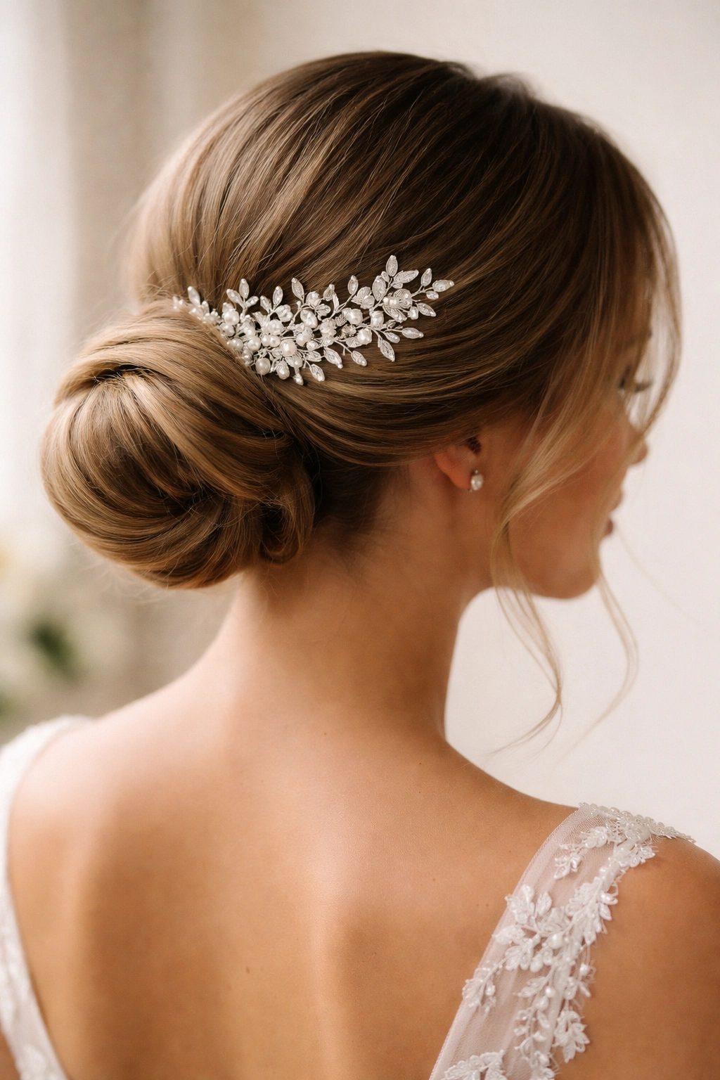 Low bun with delicate hairpiece placed off-center