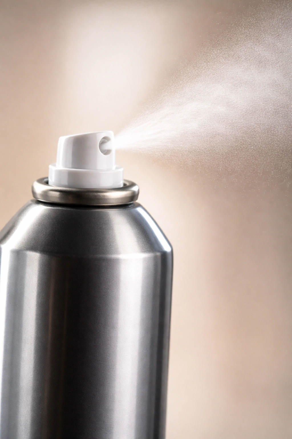 Close-up of a hairspray bottle releasing a fine mist in a neutral studio backdrop