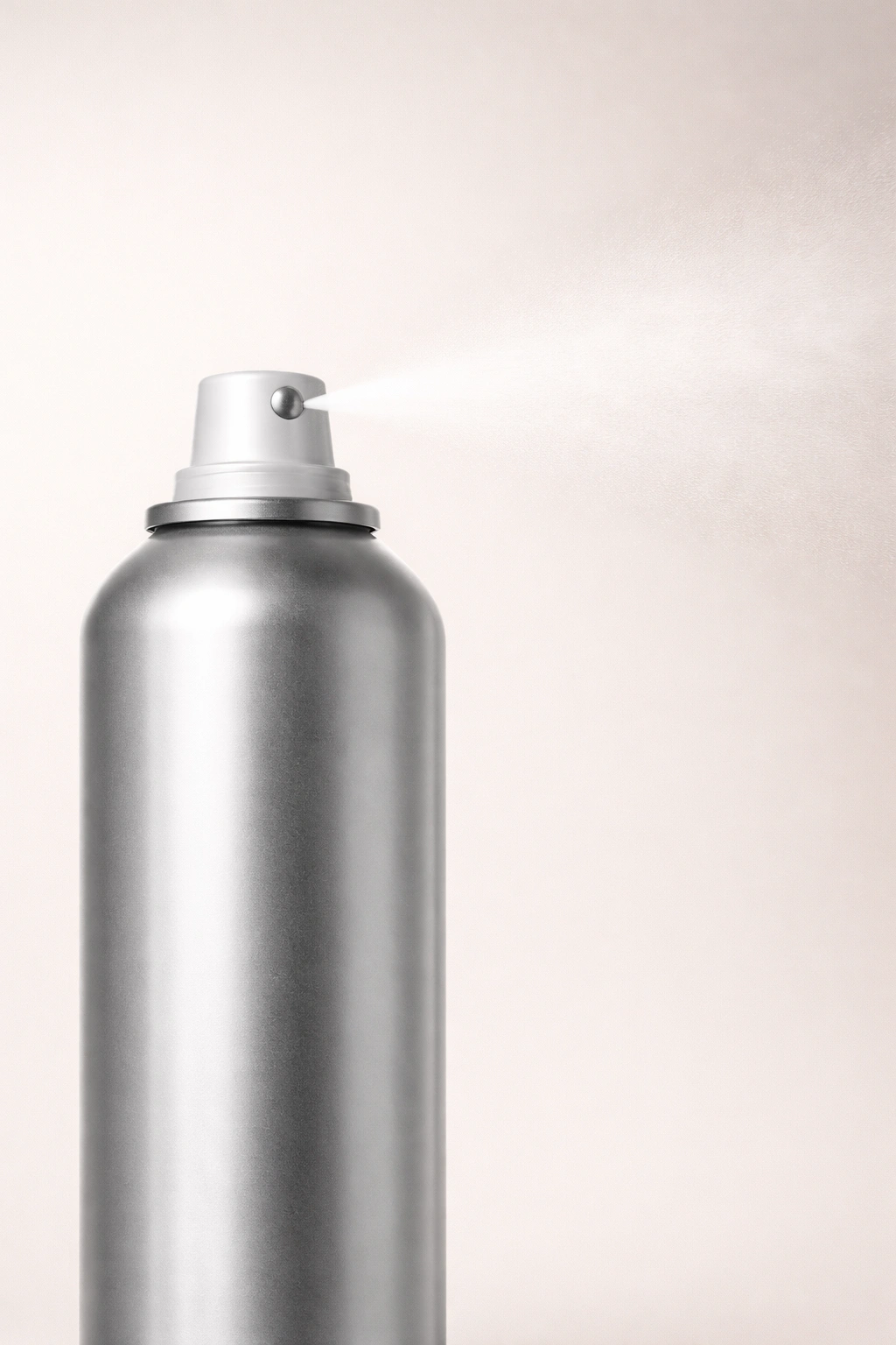 Hairspray bottle with soft mist halo on plain background