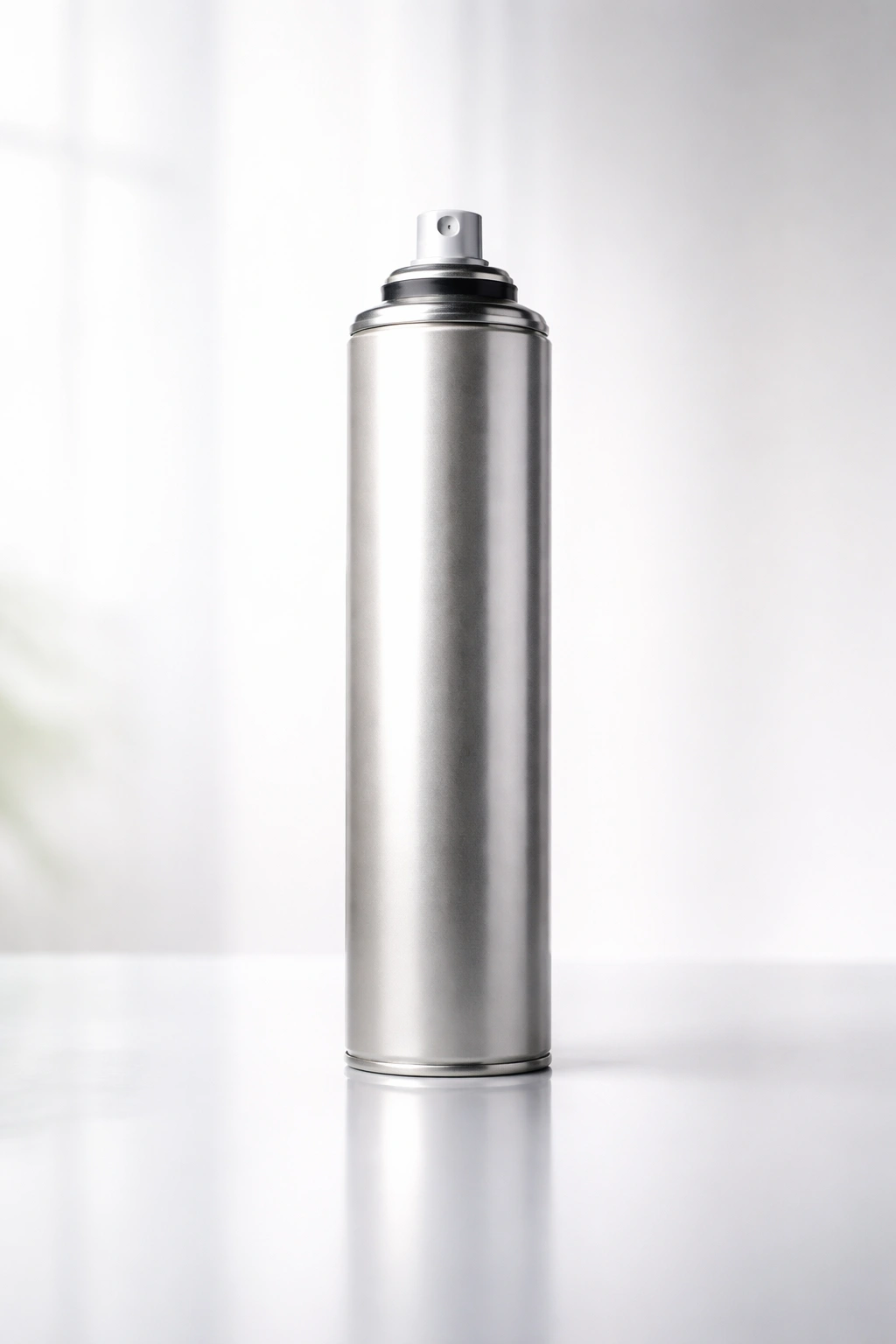 Hairspray bottle on reflective surface with soft lighting