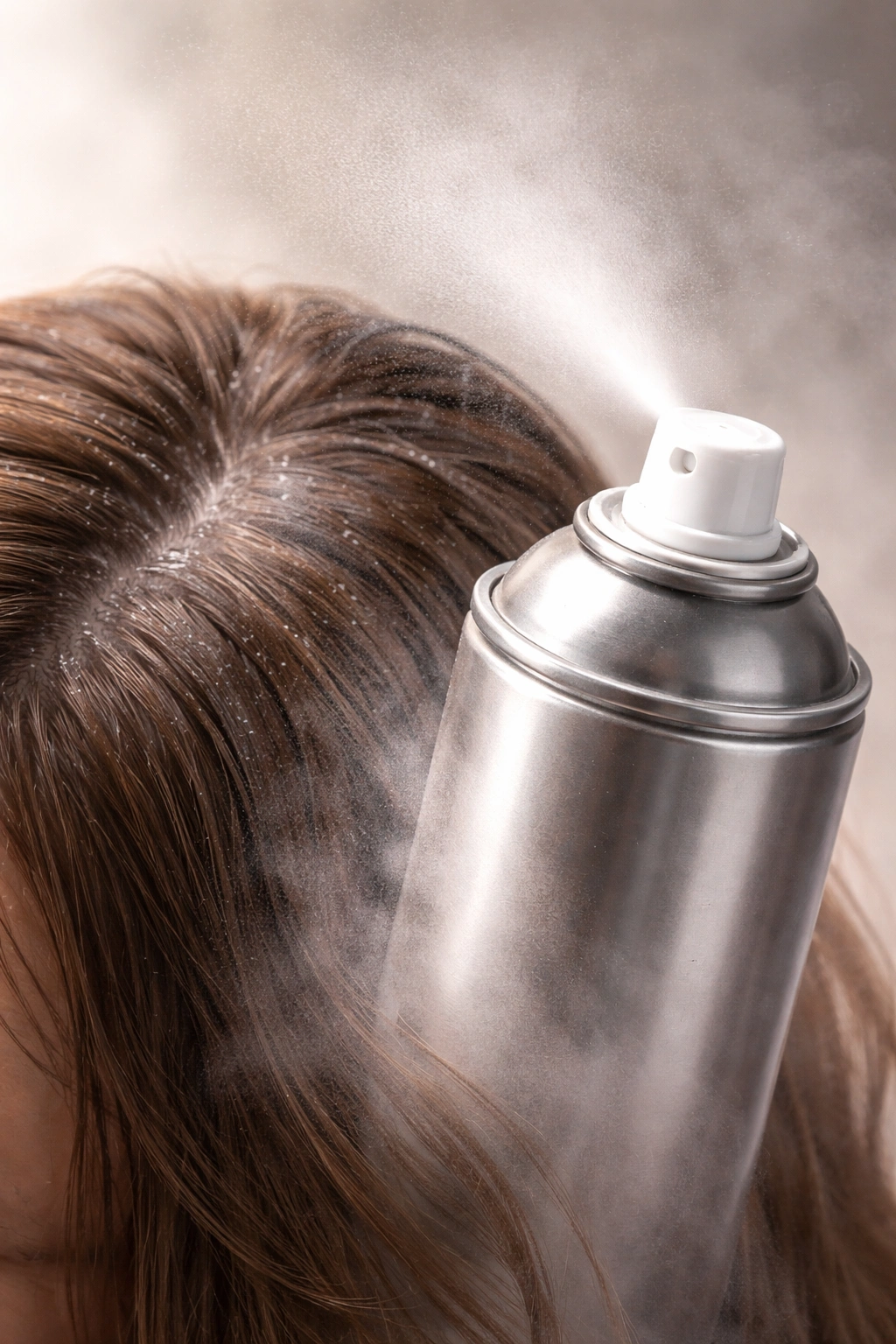 Hairspray bottle with ambient haze suggesting buildup effects