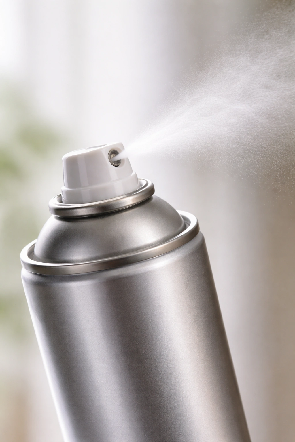 Hairspray bottle tilted to show nozzle and mist on simple background