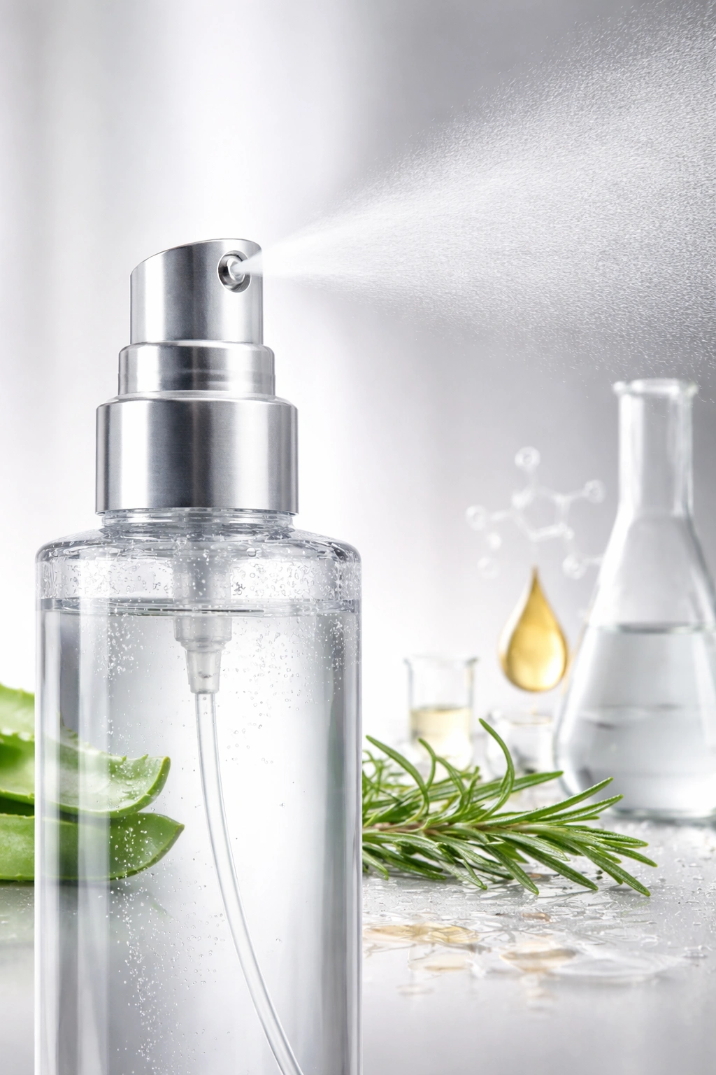 Macro shot of hairspray bottle with visible liquid and mist